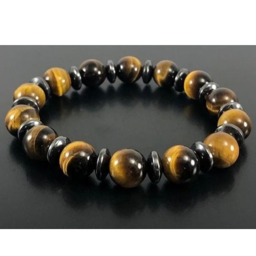 10mm Natural Polished Tiger Eye Hematite Rondelle Stretch Bracelet